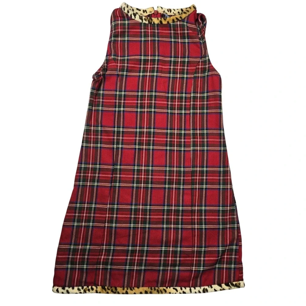 The Children's Place Girls Plaid Sleeveless Holiday Dress Size 8 w/ Leopard Trim